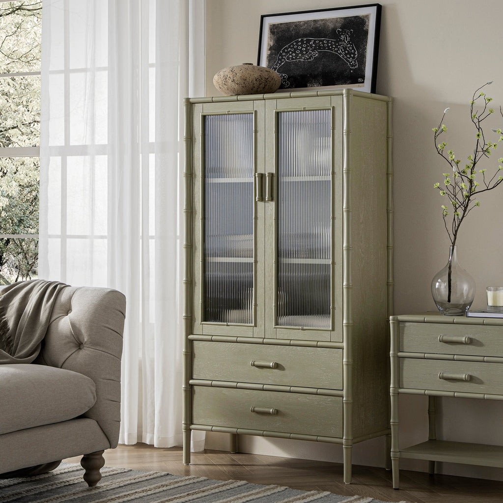 Elstowe Faux Bamboo and Fluted Glass 2-Door Cabinet, Sage Green