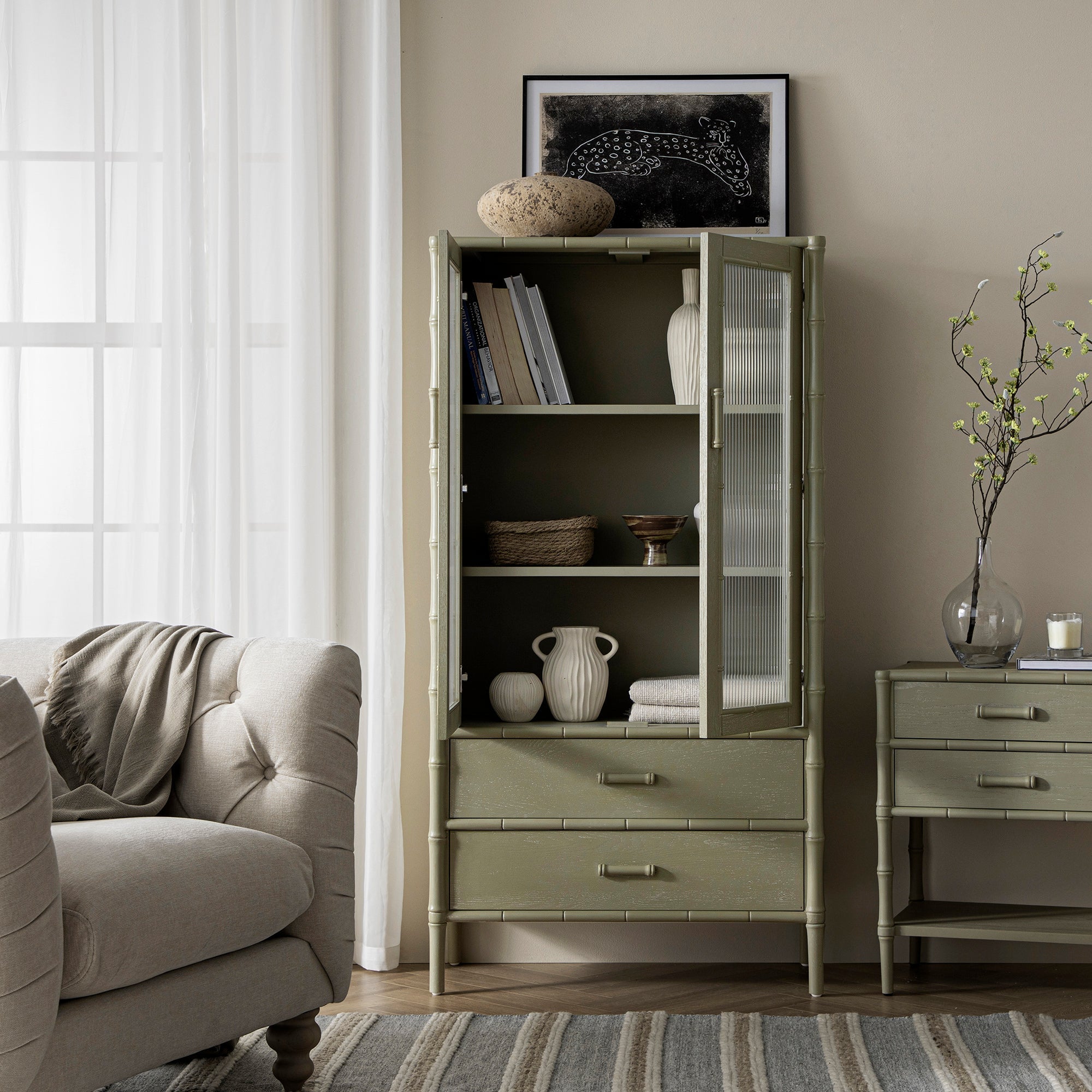 Elstowe Faux Bamboo and Fluted Glass 2-Door Cabinet, Sage Green