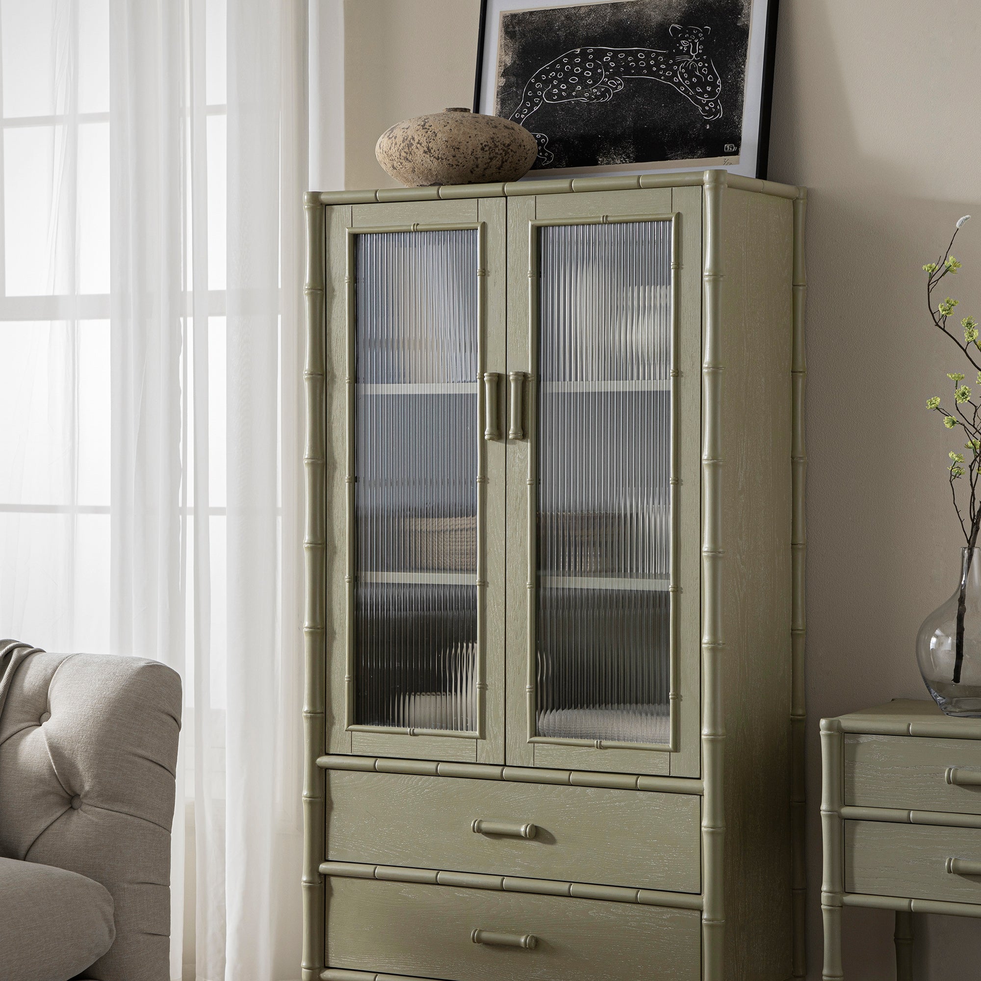 Elstowe Faux Bamboo and Fluted Glass 2-Door Cabinet, Sage Green
