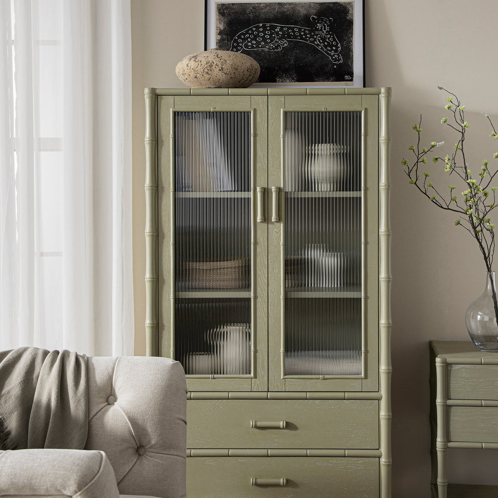 Elstowe Faux Bamboo and Fluted Glass 2-Door Cabinet, Sage Green