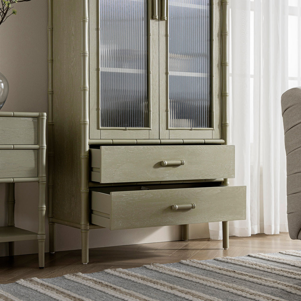 Elstowe Faux Bamboo and Fluted Glass 2-Door Cabinet, Sage Green