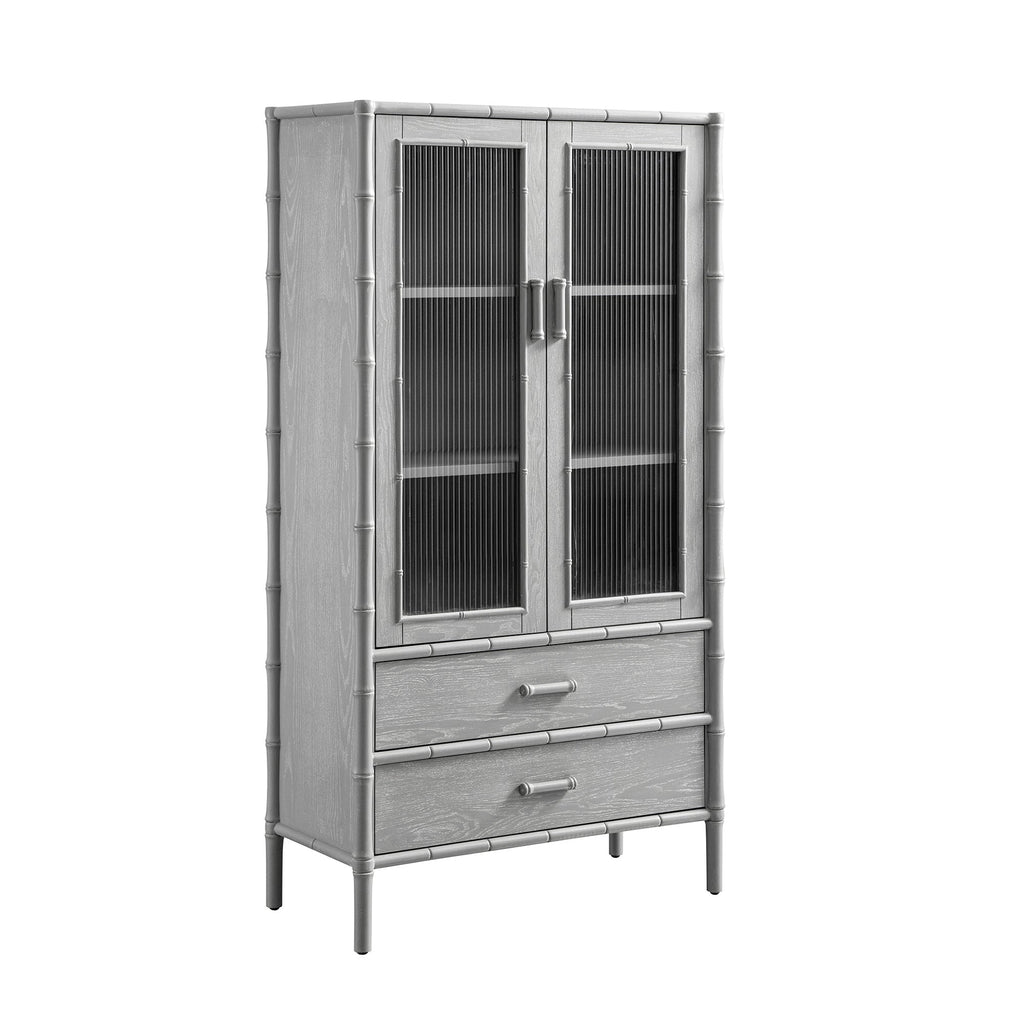 Elstowe Faux Bamboo and Fluted Glass 2-Door Cabinet, Warm Grey