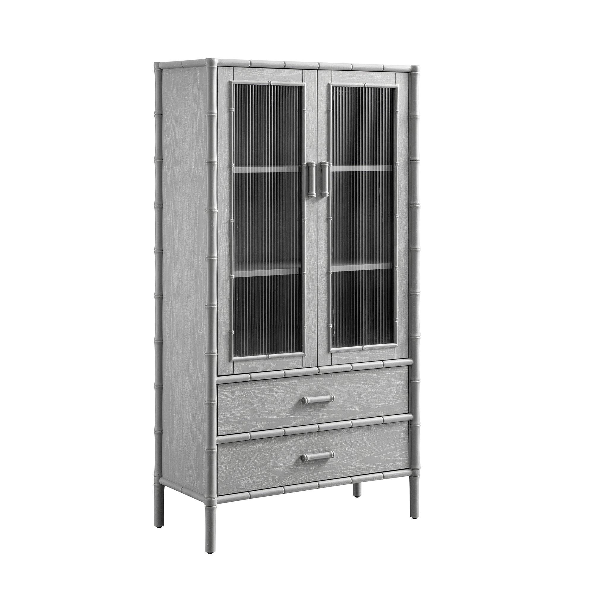 Elstowe Faux Bamboo and Fluted Glass 2-Door Cabinet, Warm Grey