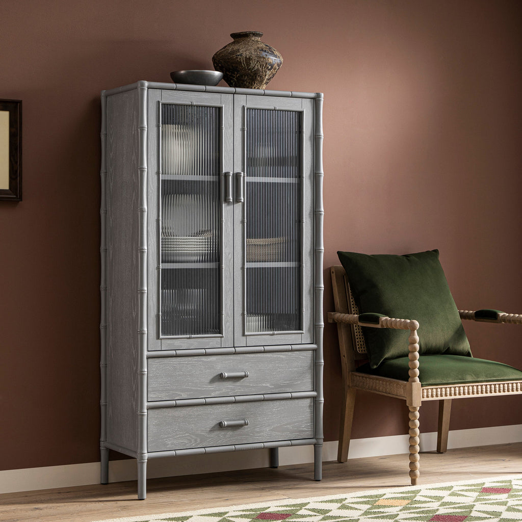 Elstowe Faux Bamboo and Fluted Glass 2-Door Cabinet, Warm Grey