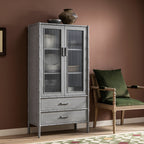 Elstowe Faux Bamboo and Fluted Glass 2-Door Cabinet, Warm Grey