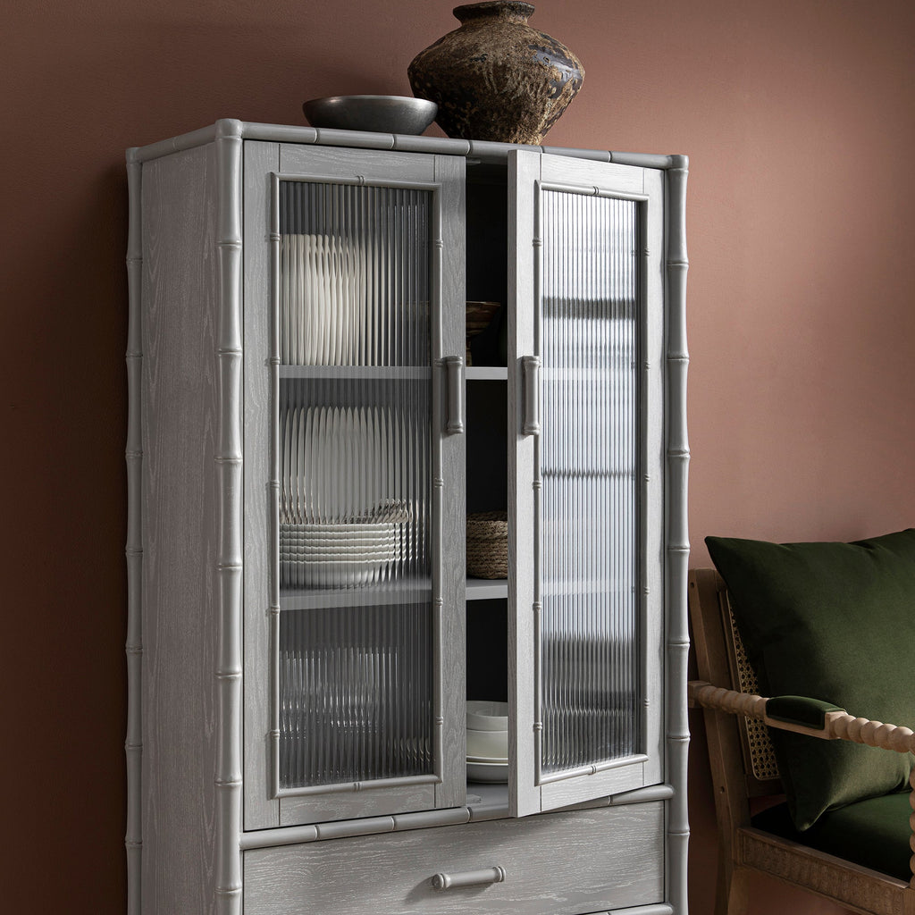 Elstowe Faux Bamboo and Fluted Glass 2-Door Cabinet, Warm Grey
