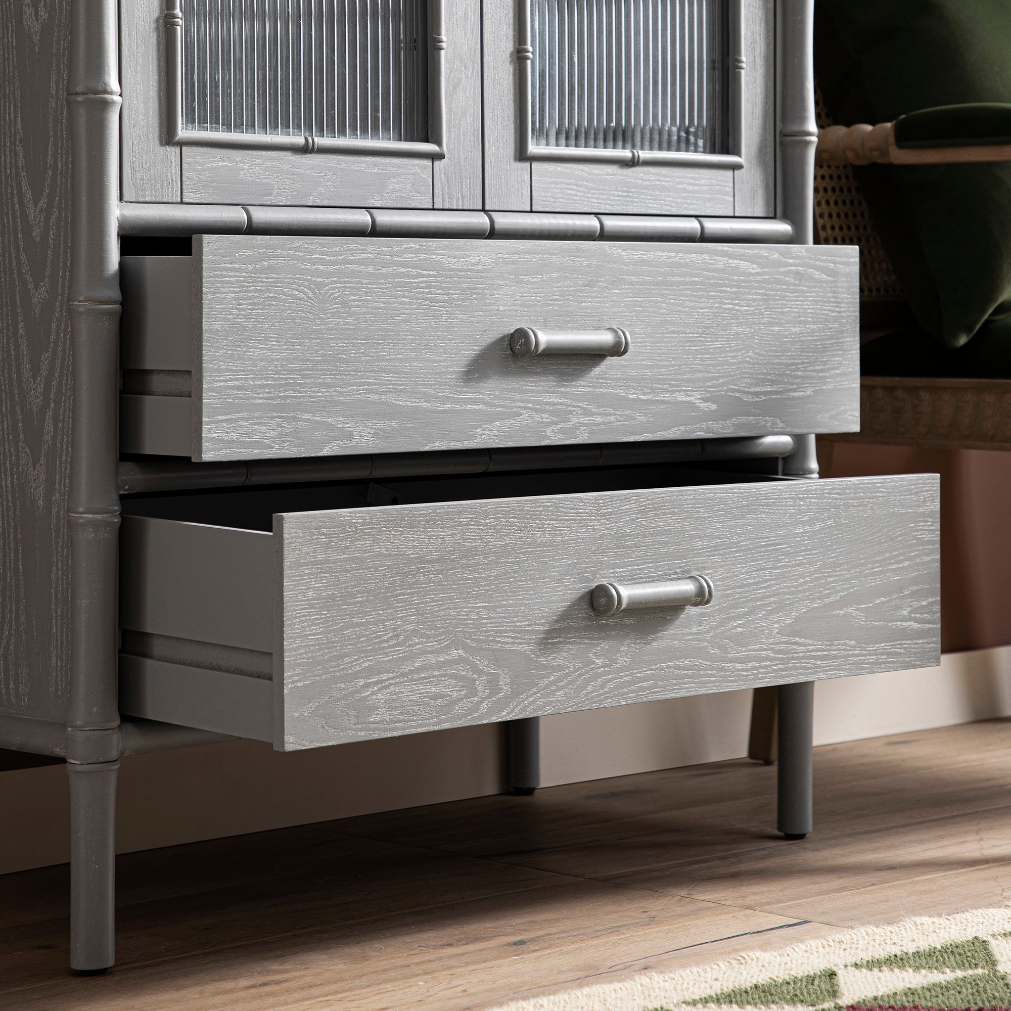 Elstowe Faux Bamboo and Fluted Glass 2-Door Cabinet, Warm Grey