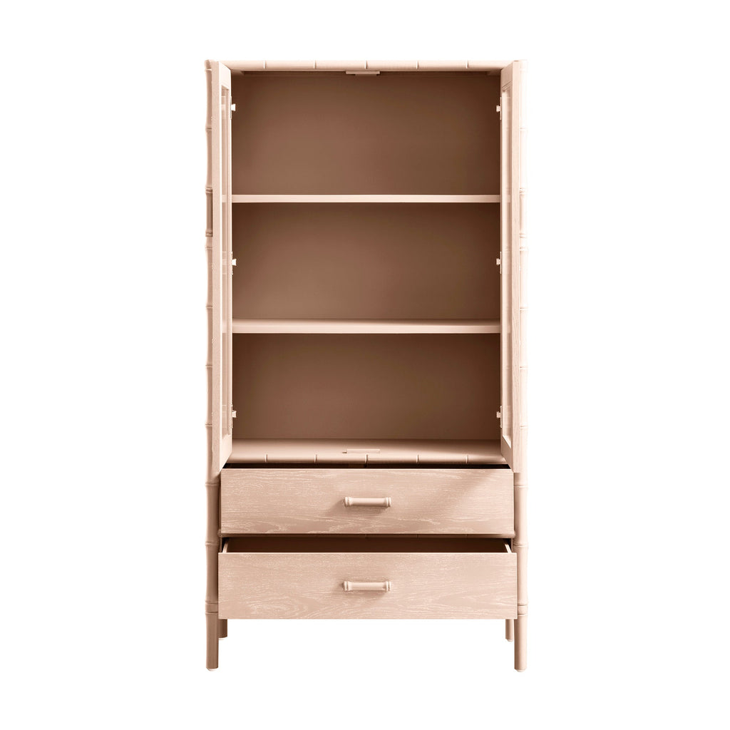 Elstowe Faux Bamboo and Fluted Glass 2-Door Cabinet, Nude Pink