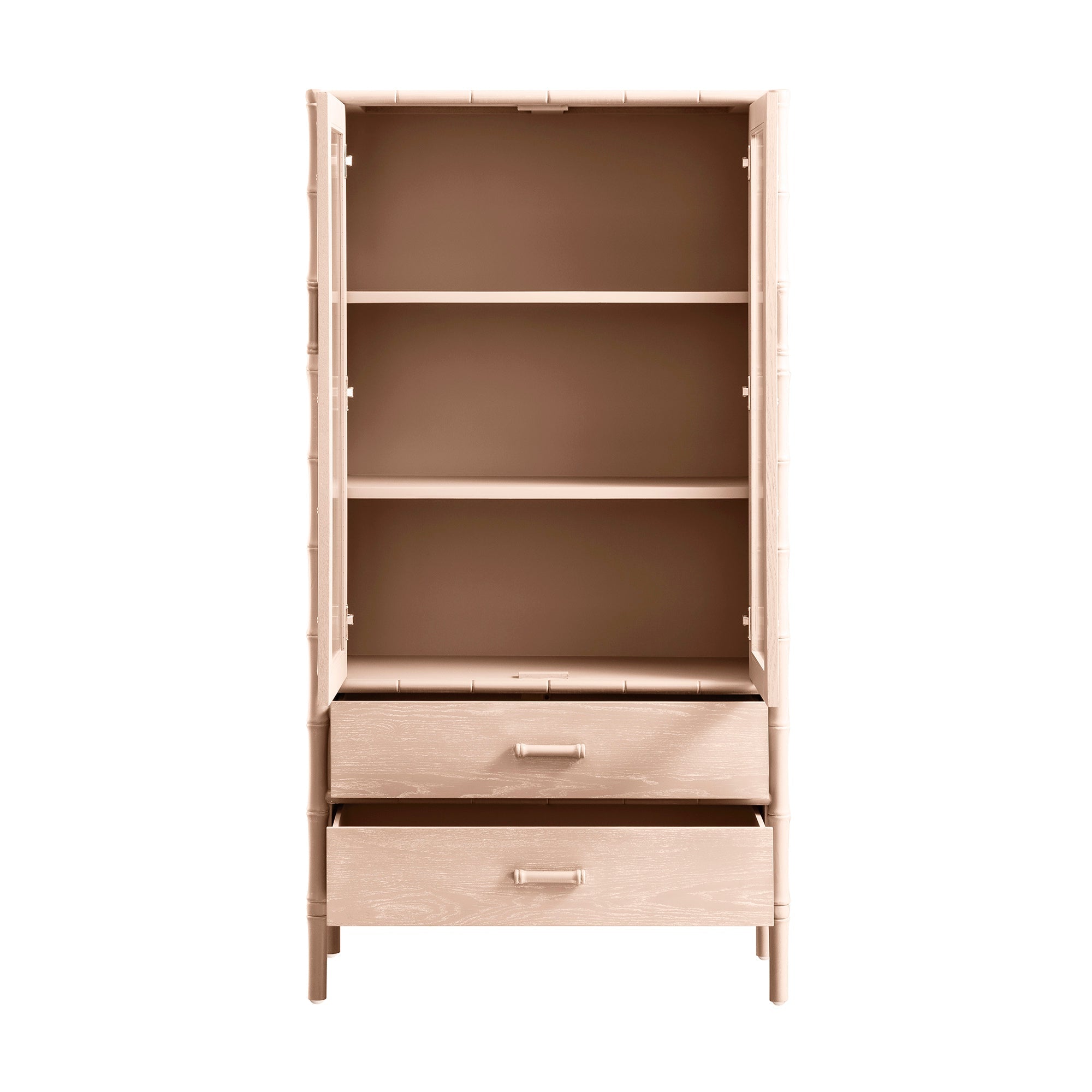 Elstowe Faux Bamboo and Fluted Glass 2-Door Cabinet, Nude Pink