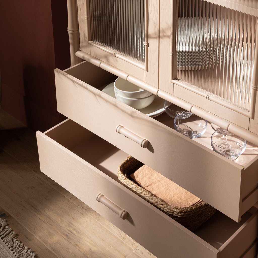 Elstowe Faux Bamboo and Fluted Glass 2-Door Cabinet, Nude Pink