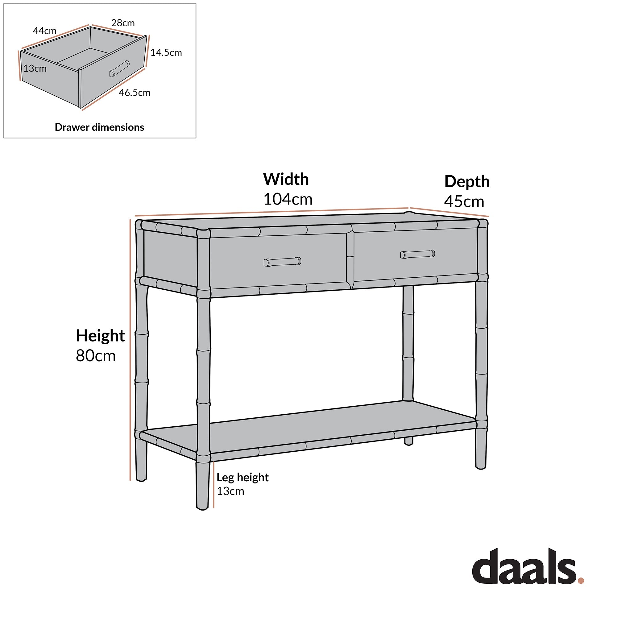 Elstowe Faux Bamboo 2-Drawer Console Table, Warm Grey