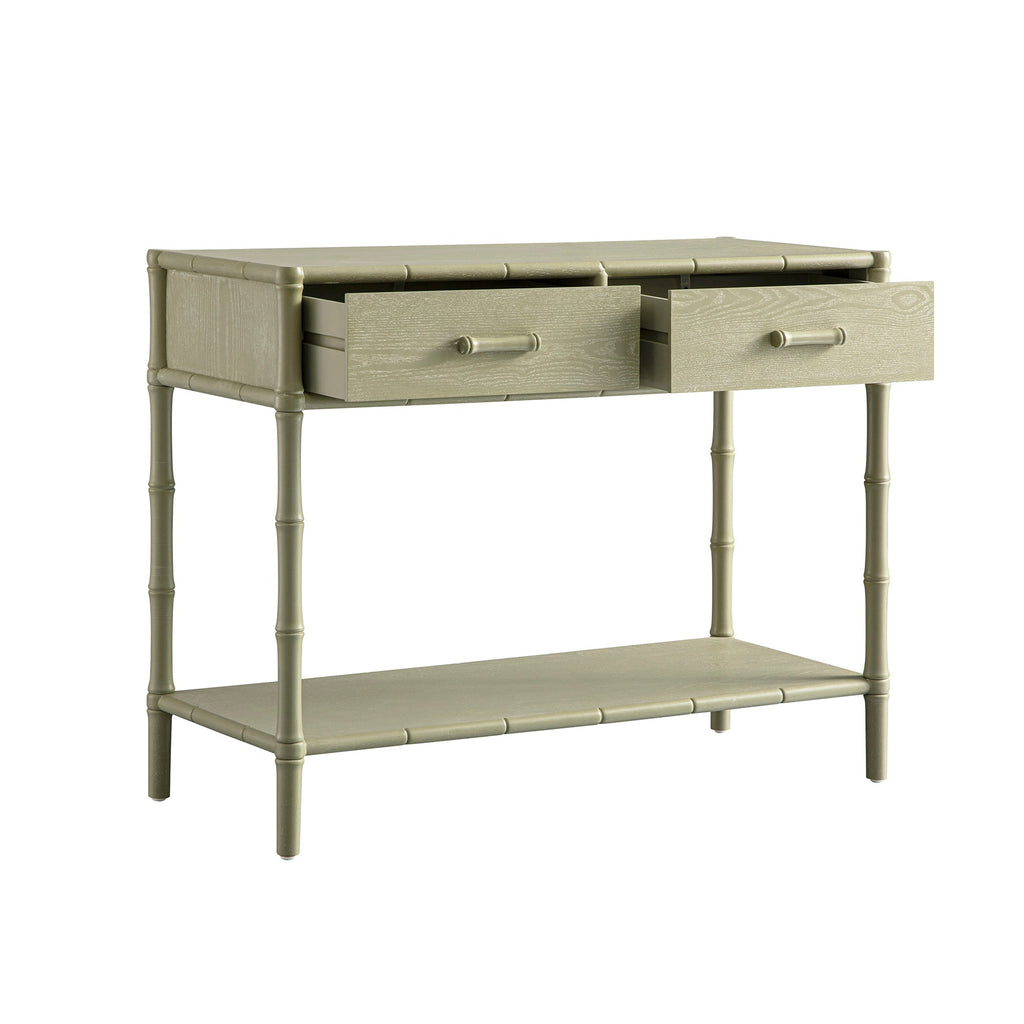 Elstowe Faux Bamboo 2-Drawer Console Table, Sage Green
