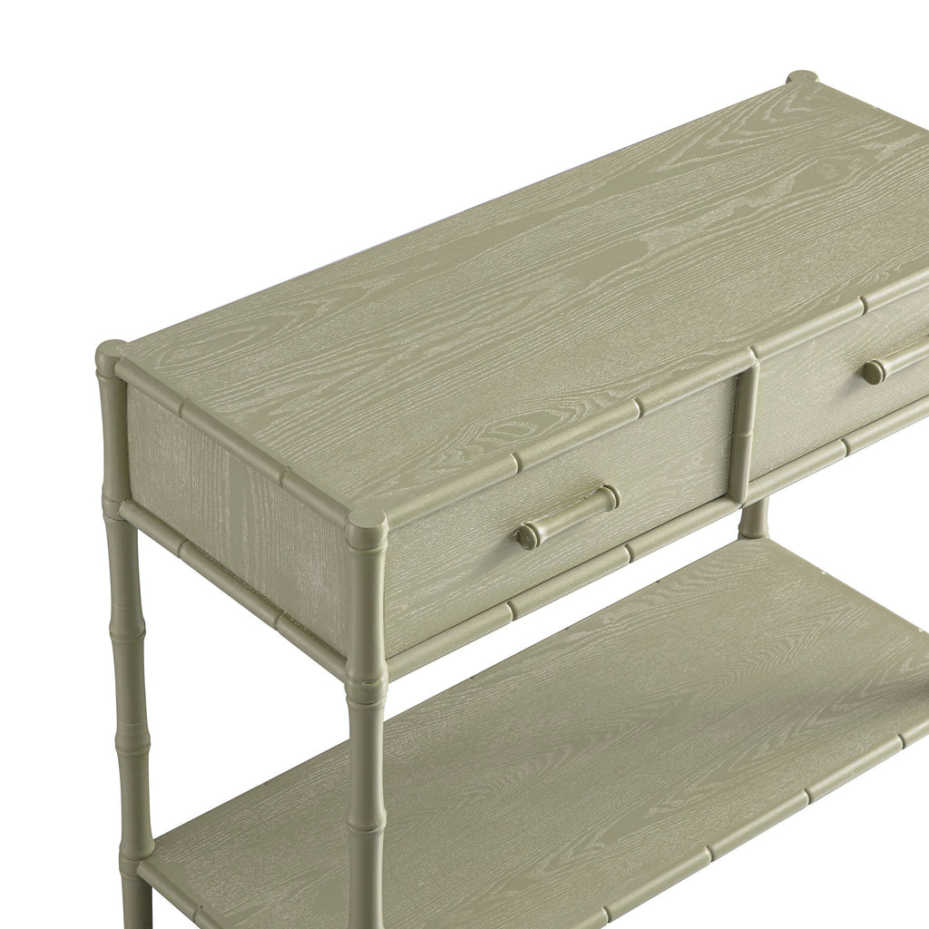 Elstowe Faux Bamboo 2-Drawer Console Table, Sage Green