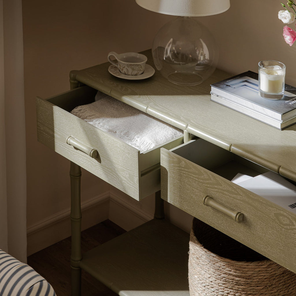 Elstowe Faux Bamboo 2-Drawer Console Table, Sage Green