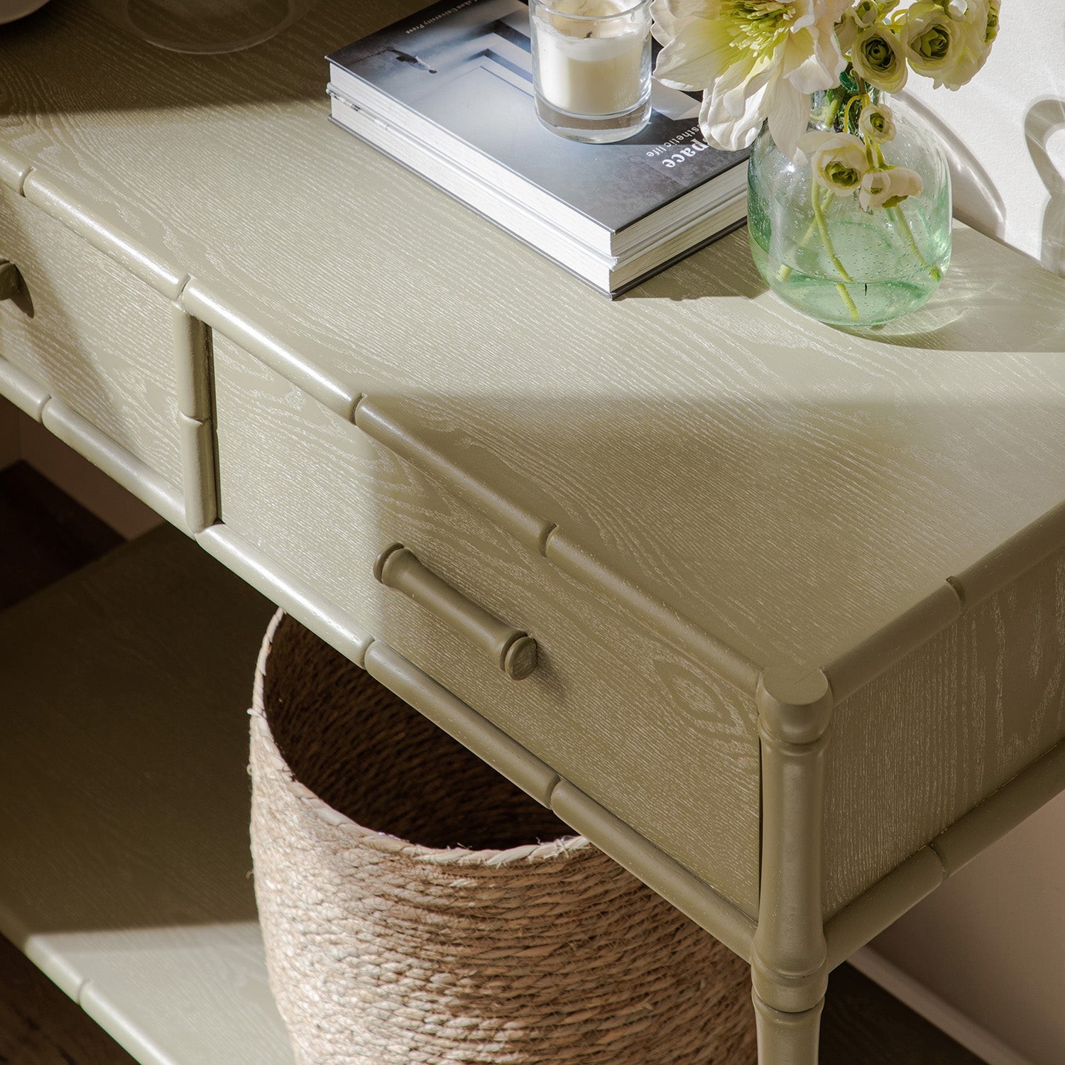 Elstowe Faux Bamboo 2-Drawer Console Table, Sage Green