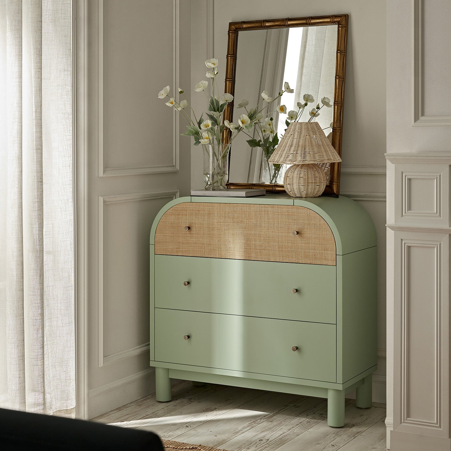 Maude Chest of 3 Drawers, Muted Pistachio Ash with Raffia