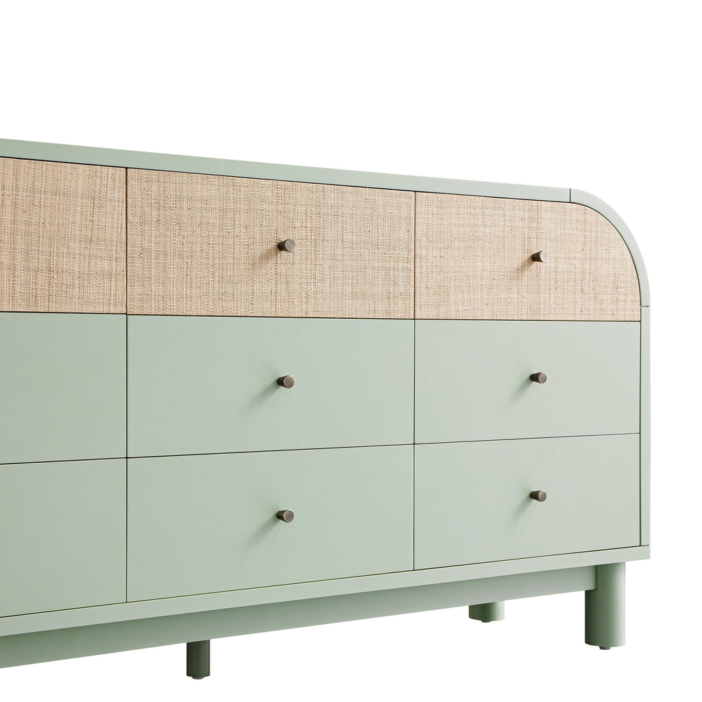 Maude 9 Drawer Chest, Muted Pistachio Ash with Raffia
