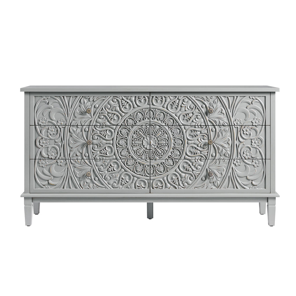 Chantilly Mid Grey Carved Wide 6 Drawer Chest