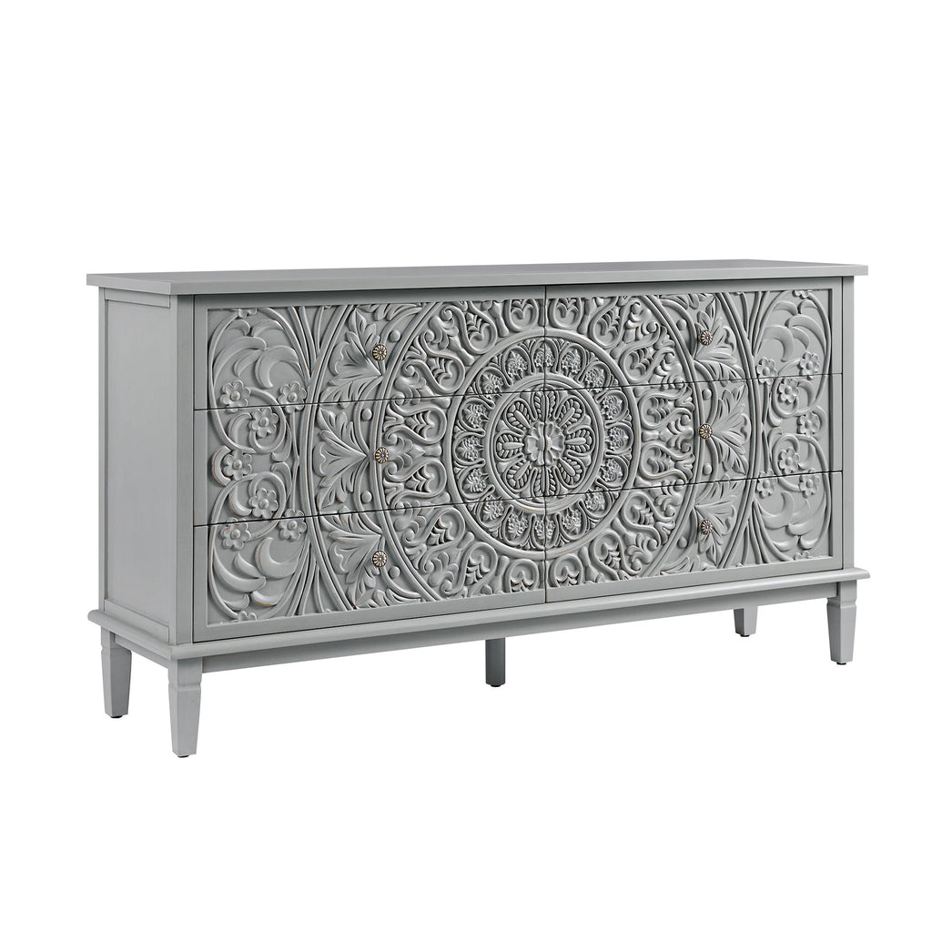 Chantilly Mid Grey Carved Wide 6 Drawer Chest