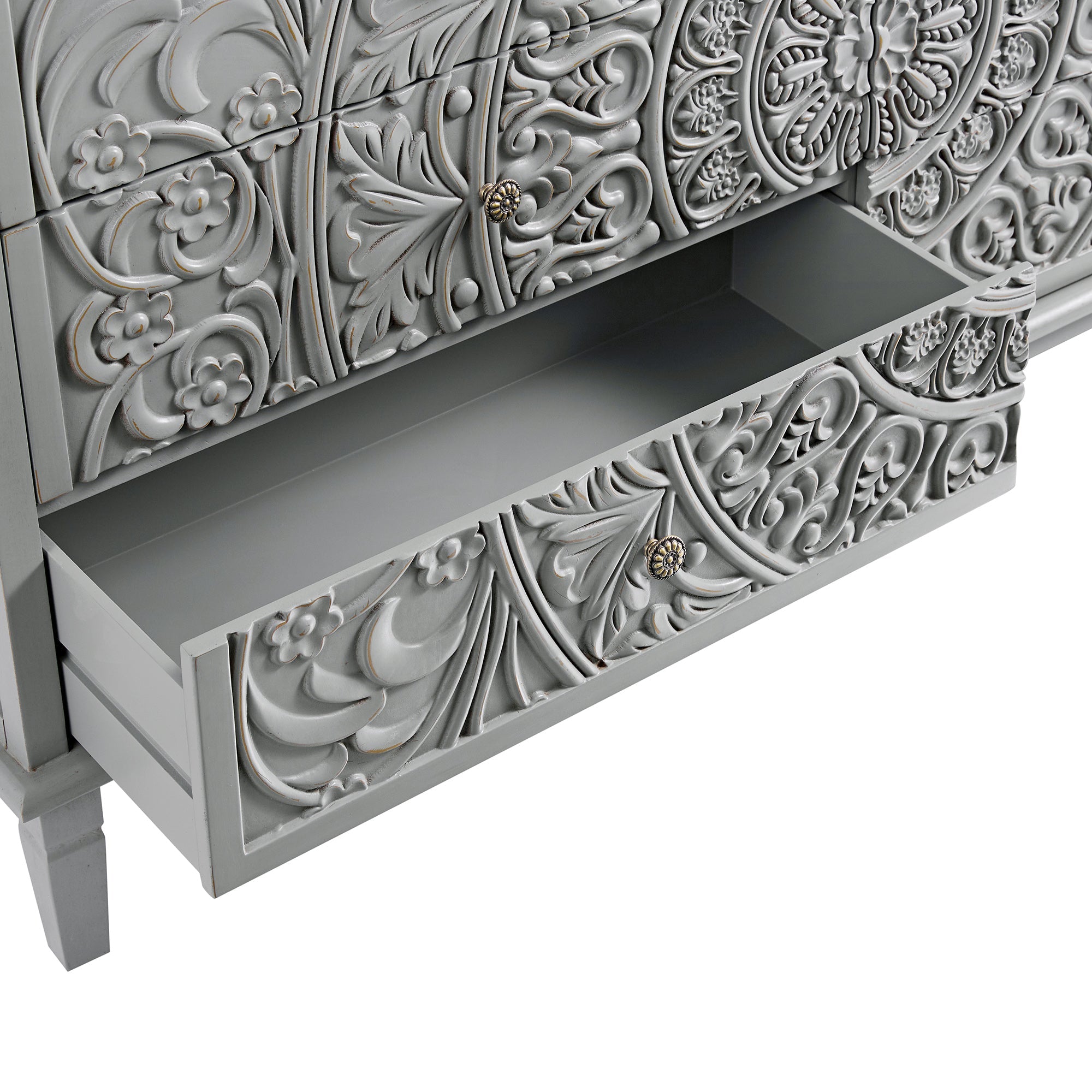Chantilly Mid Grey Carved Wide 6 Drawer Chest