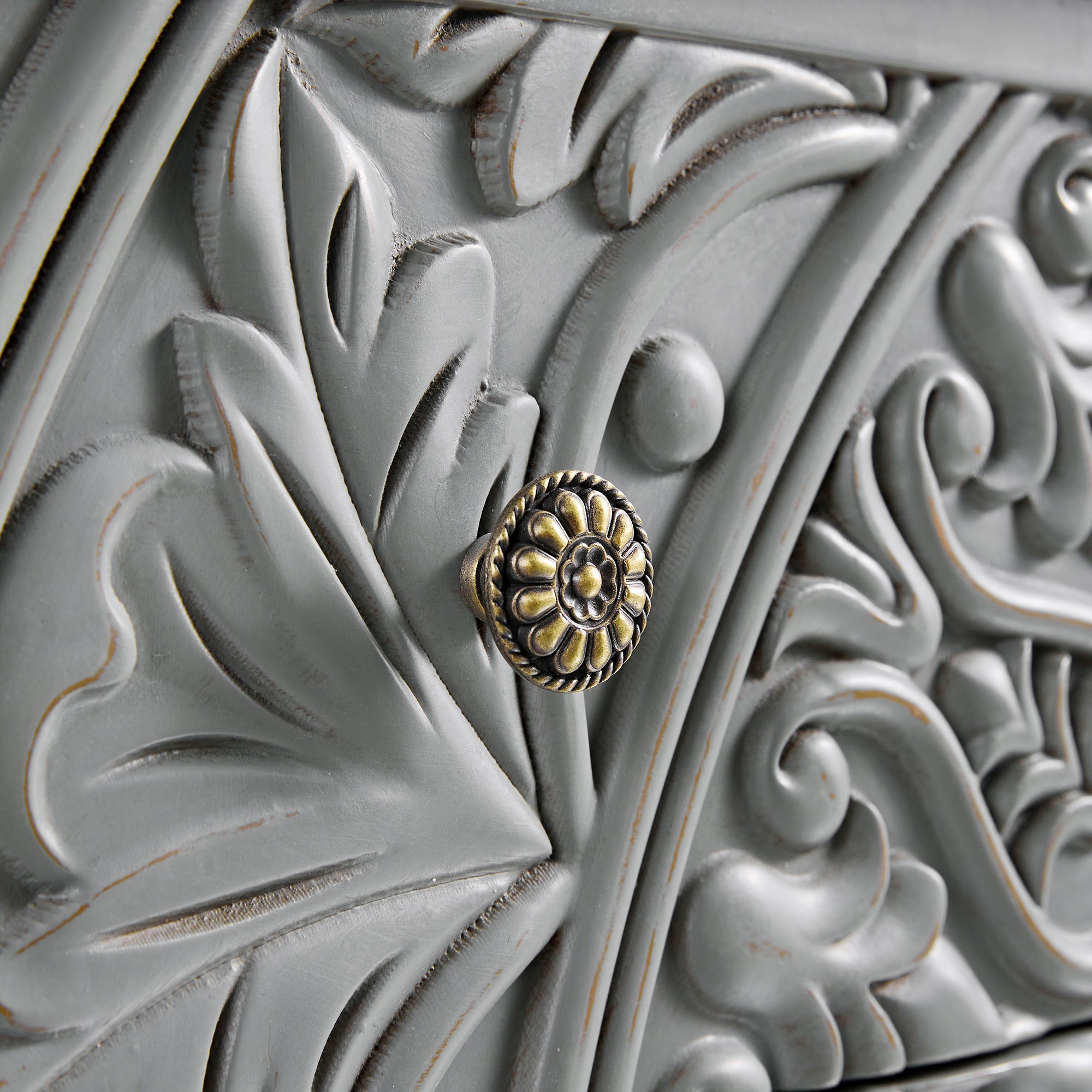 Chantilly Mid Grey Carved Wide 6 Drawer Chest