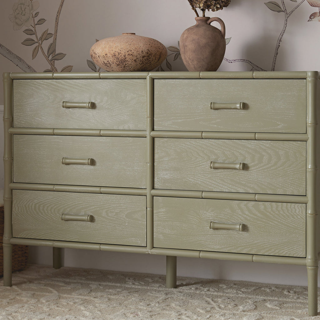 Elstowe Faux Bamboo 6-Drawer Chest, Sage Green