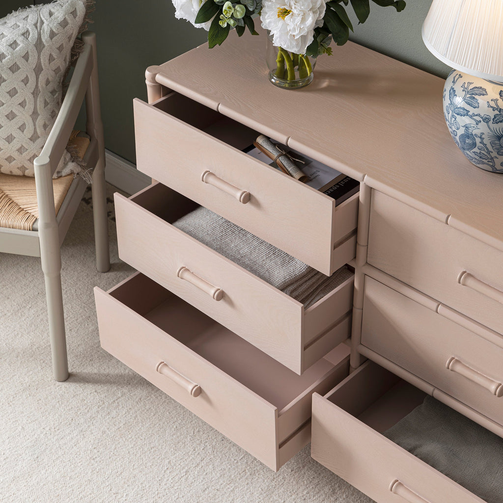Elstowe Faux Bamboo 6-Drawer Chest, Nude Pink