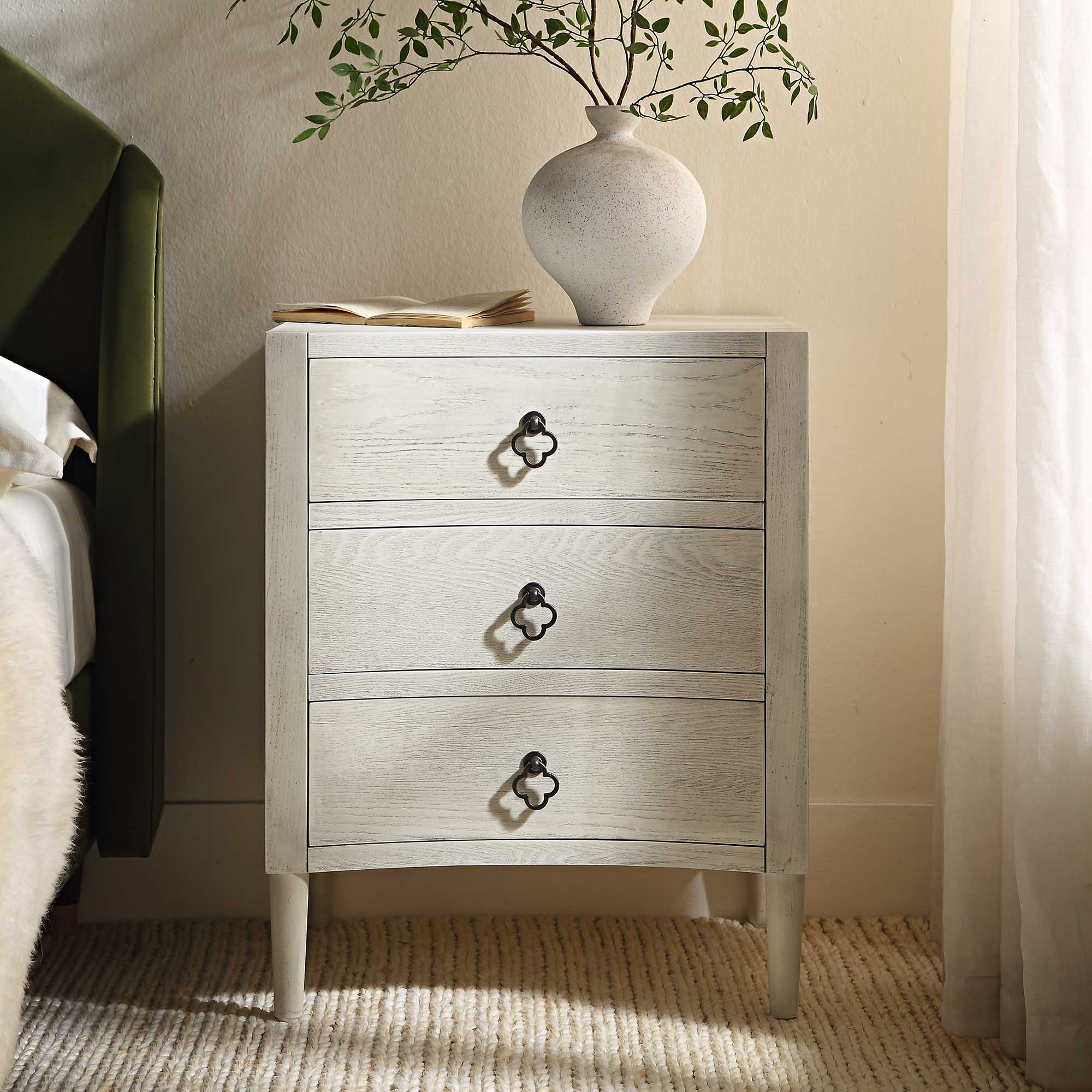 Thalia Concave 3 Drawer Bedside Table, Washed White