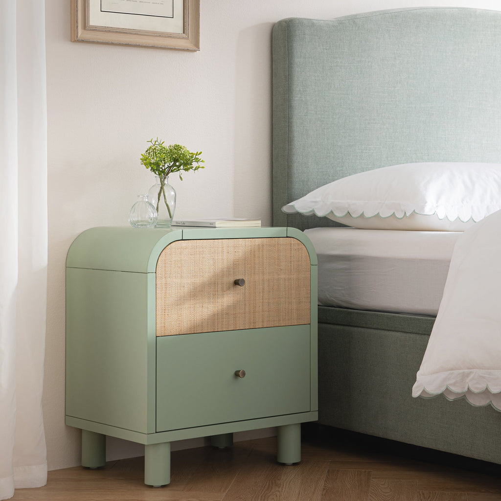 Maude 2 Drawer Bedside Table, Muted Pistachio Ash with Raffia