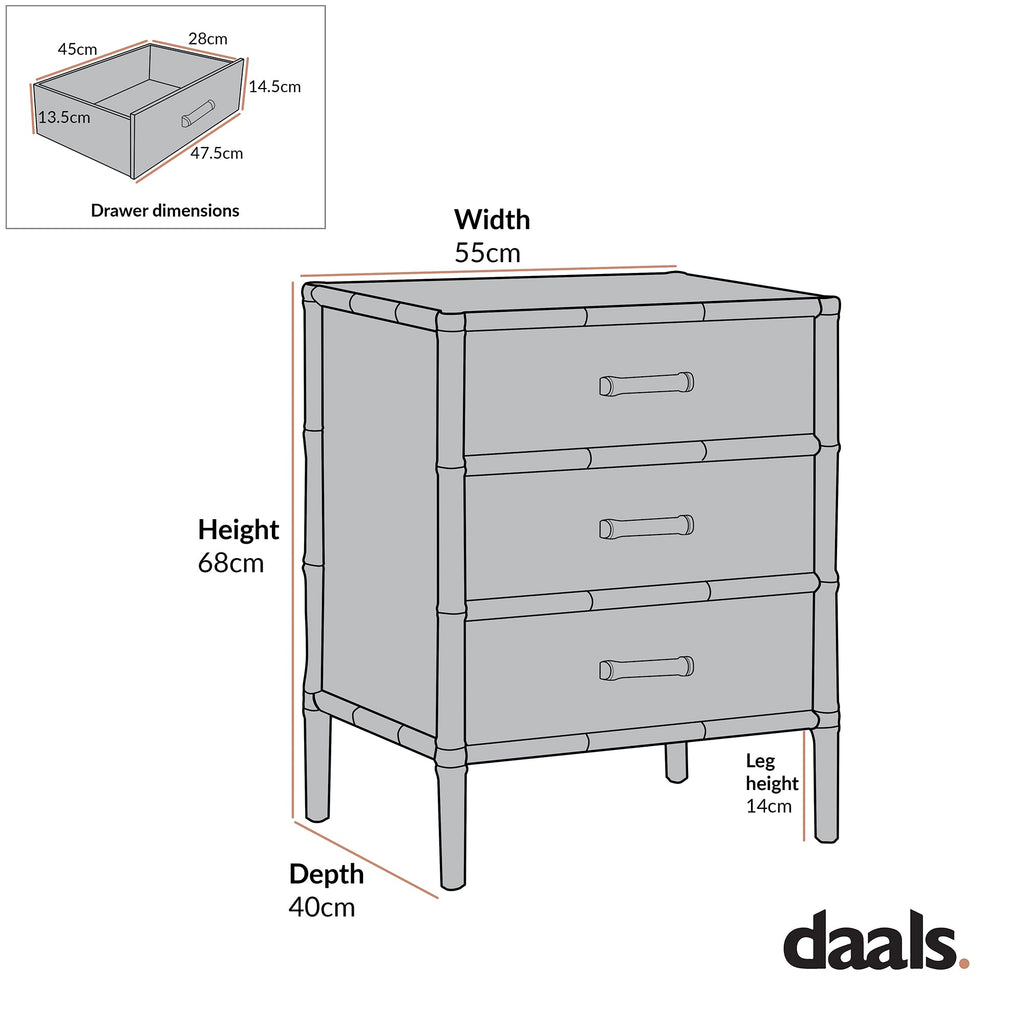 Elstowe Faux Bamboo 3-Drawer Bedside Table, Nude Pink