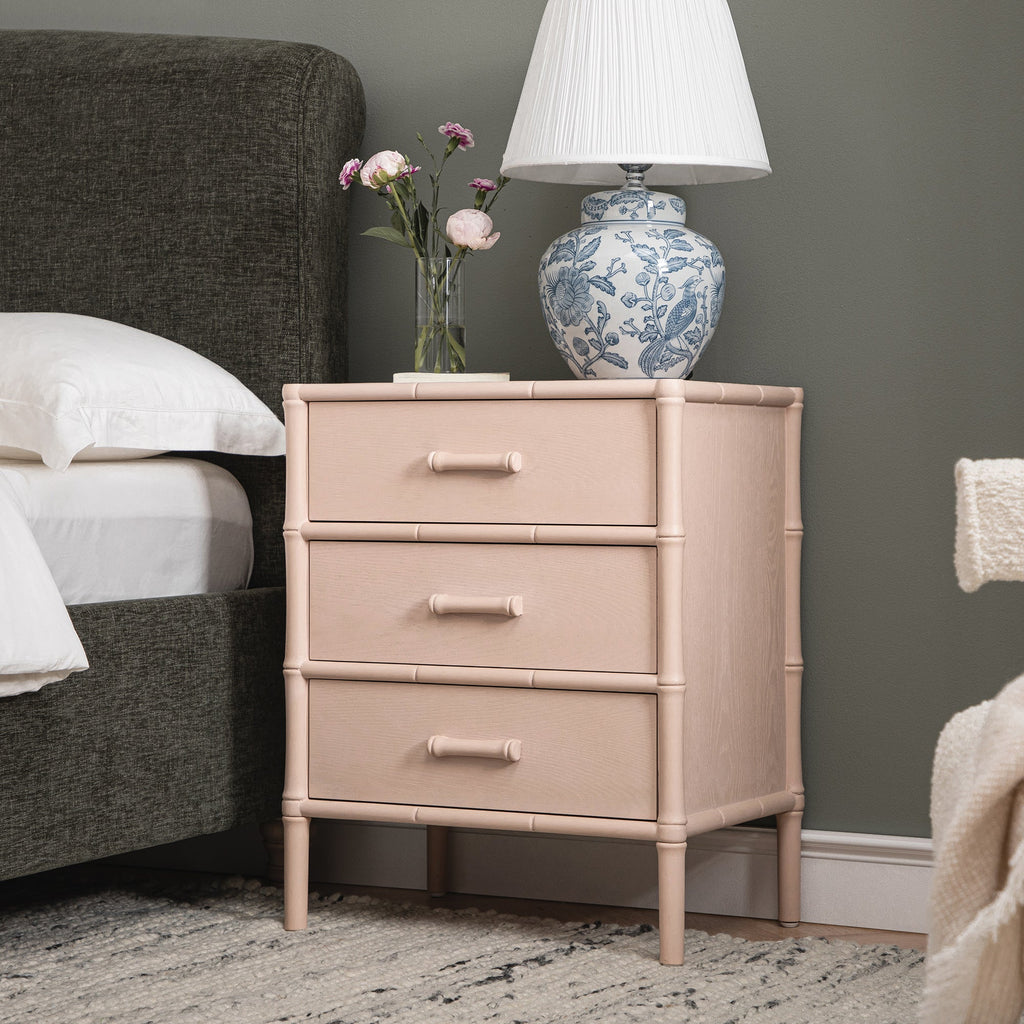 Elstowe Faux Bamboo 3-Drawer Bedside Table, Nude Pink