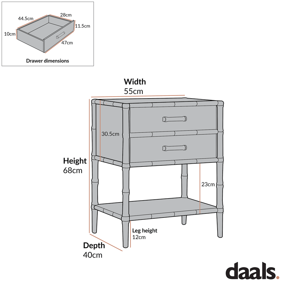 Elstowe Faux Bamboo 2-Drawer Bedside Table, Warm Grey