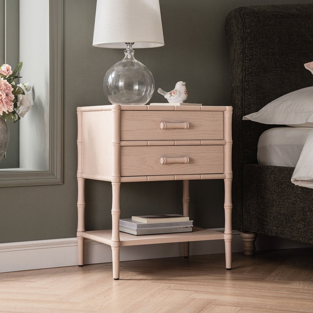 Elstowe Faux Bamboo 2-Drawer Bedside Table, Nude Pink