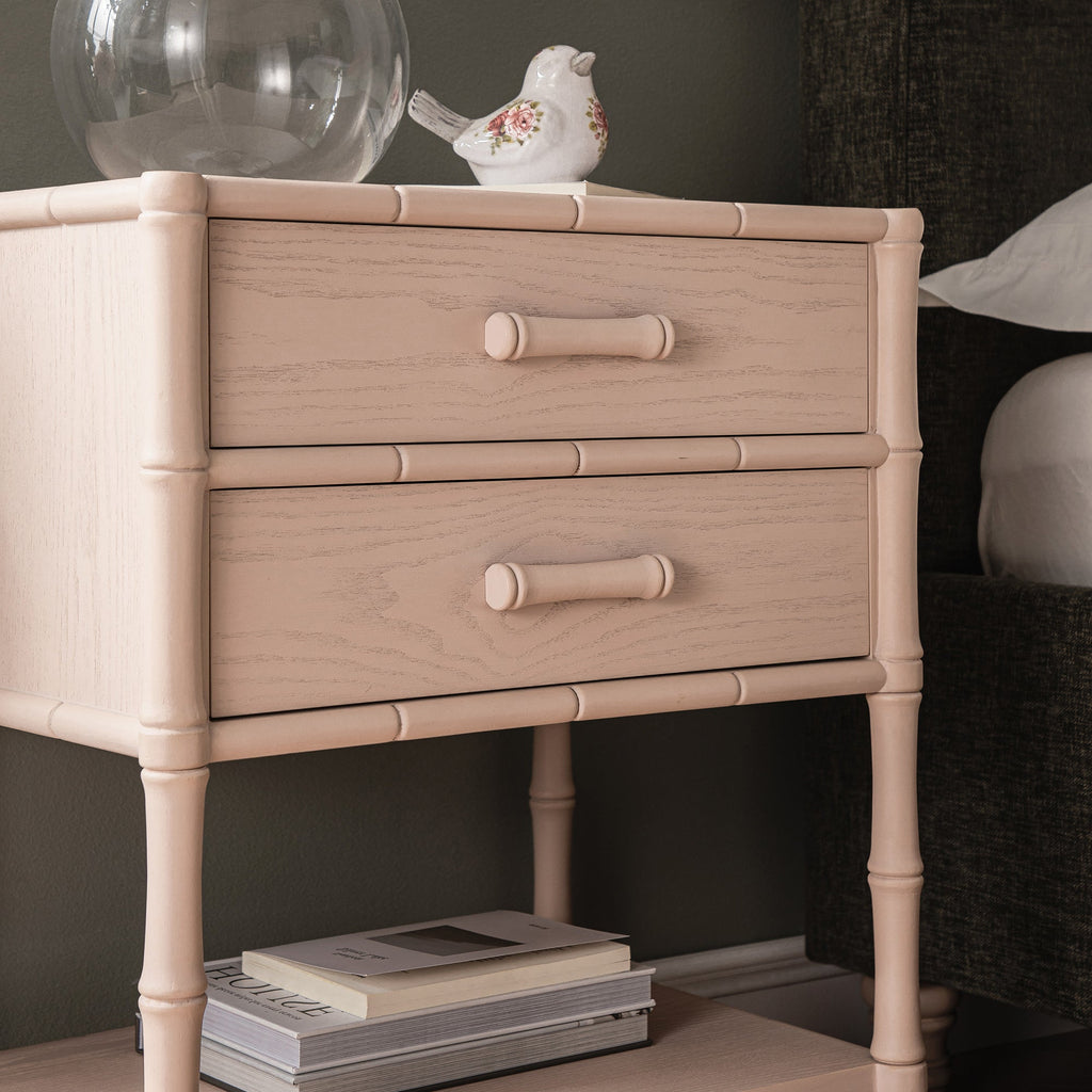 Elstowe Faux Bamboo 2-Drawer Bedside Table, Nude Pink