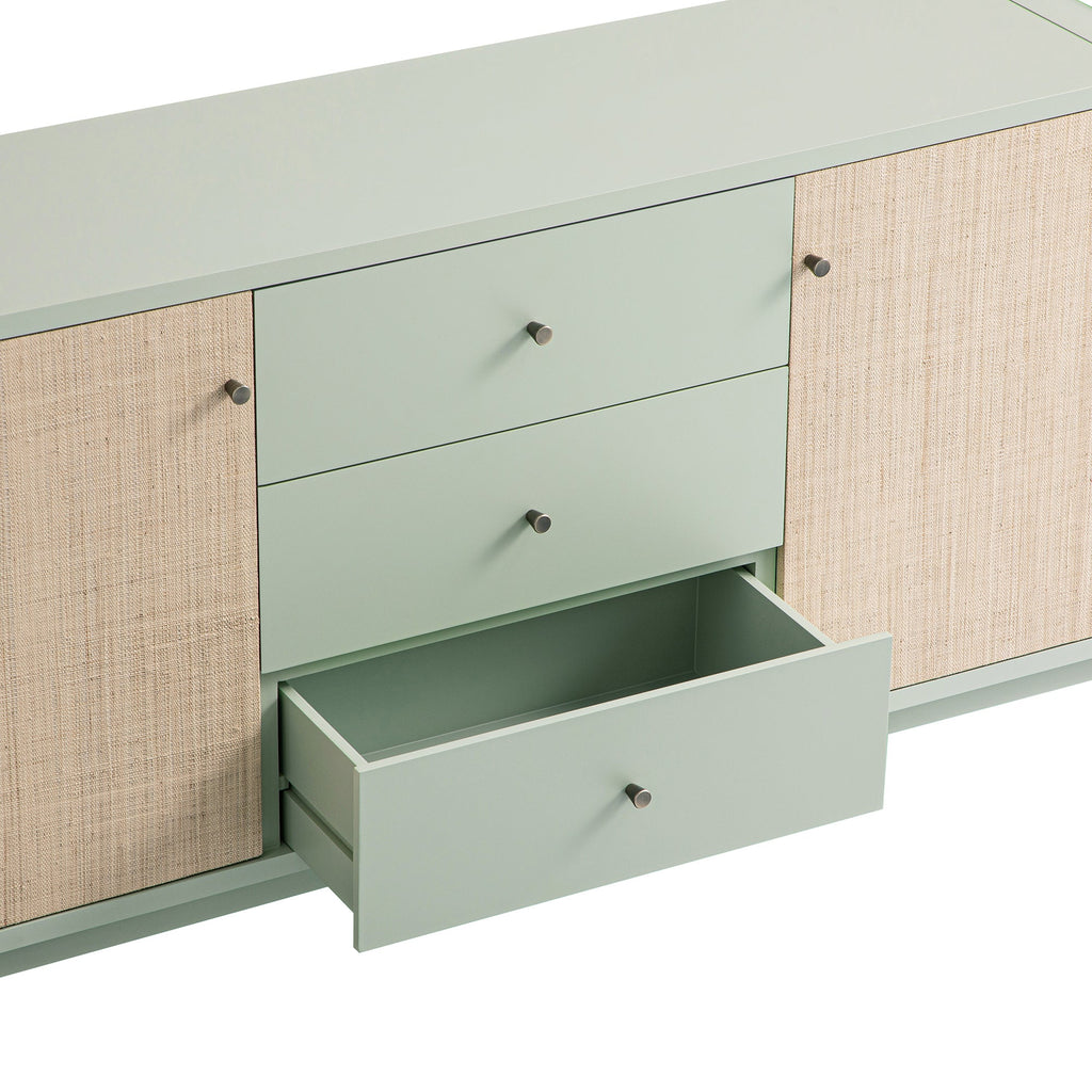 Maude Wide 3-Drawer Sideboard, Muted Pistachio Ash with Raffia