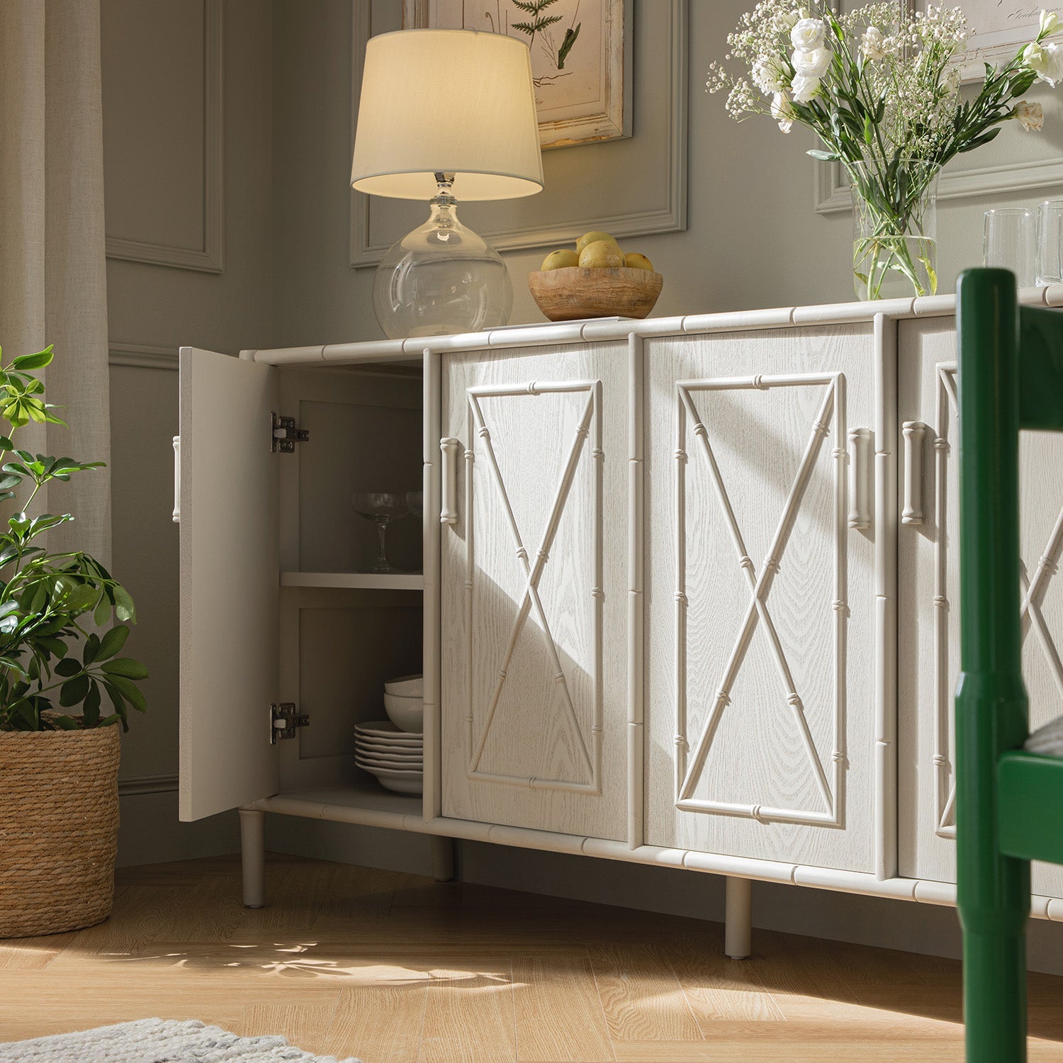 Elstowe Faux Bamboo Large Sideboard, Shaded White