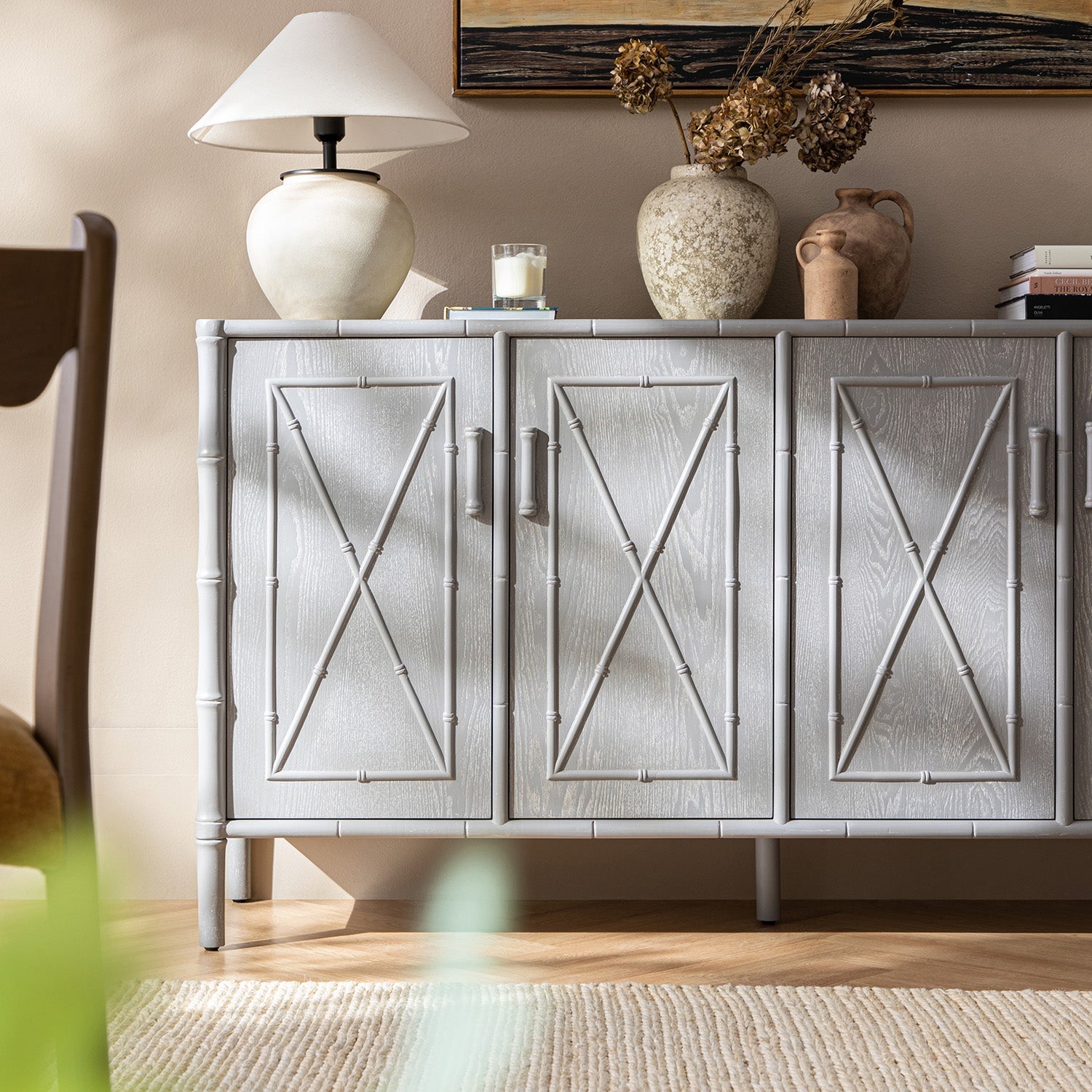 Elstowe Faux Bamboo Large Sideboard, Warm Grey