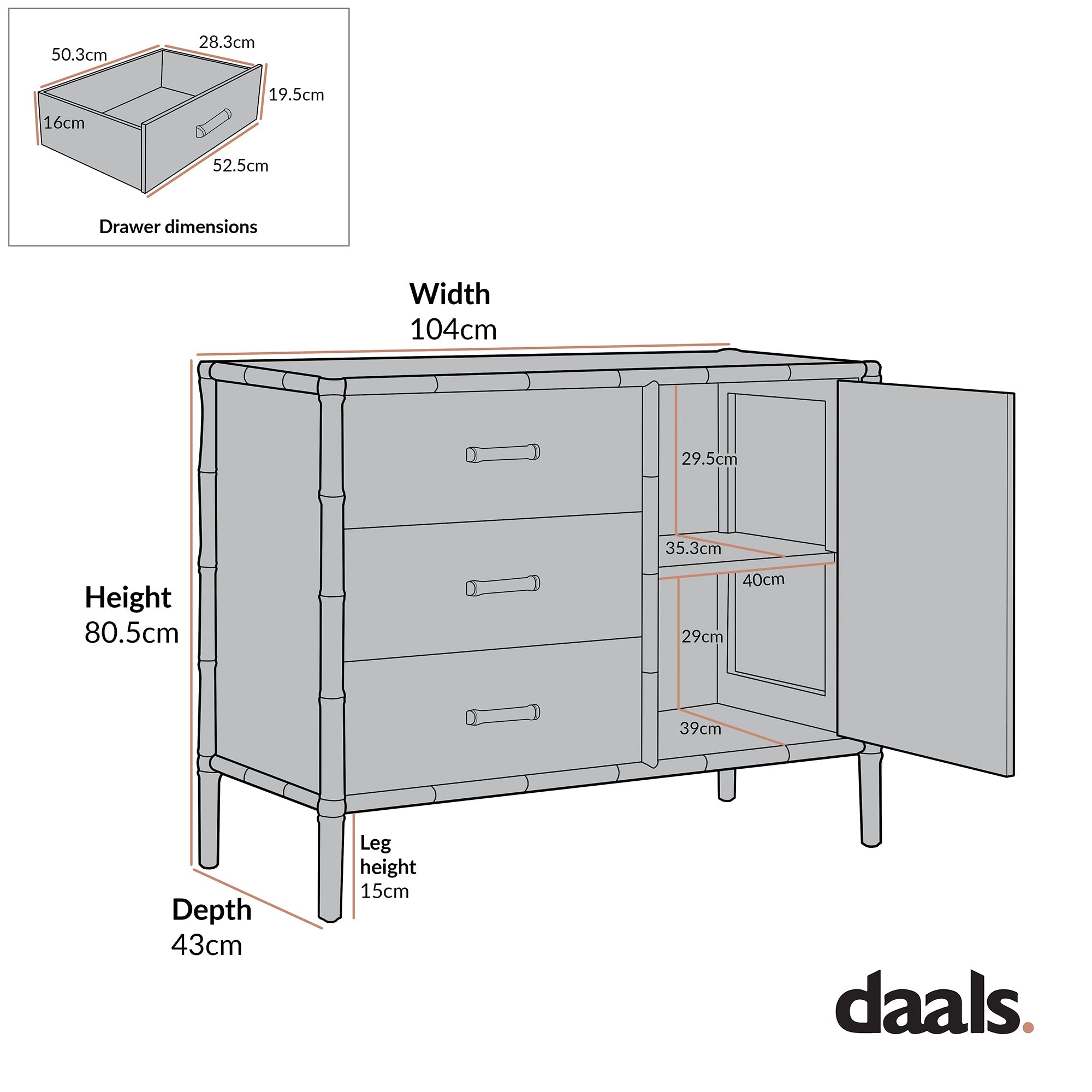 Elstowe Faux Bamboo 1-Door 3-Drawer Sideboard, Warm Grey