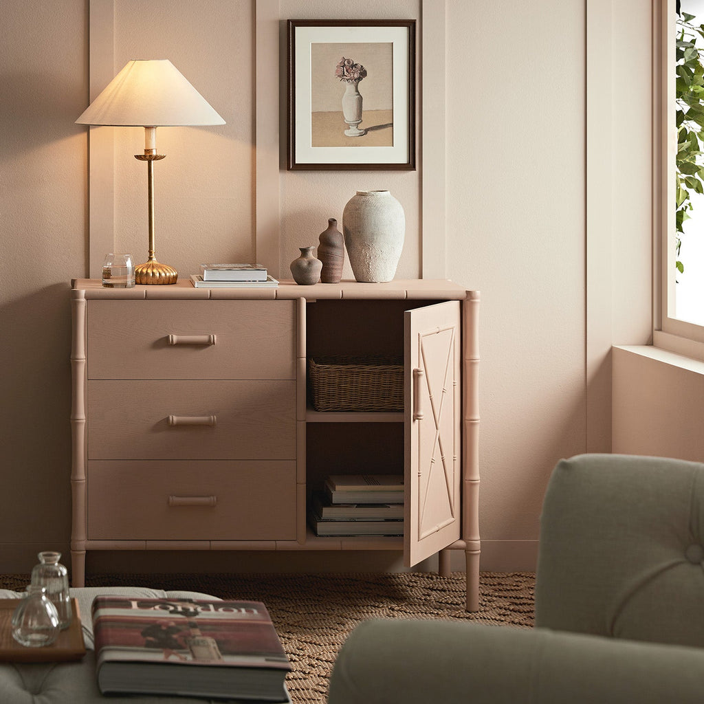 Elstowe Faux Bamboo 1-Door 3-Drawer Sideboard, Nude Pink