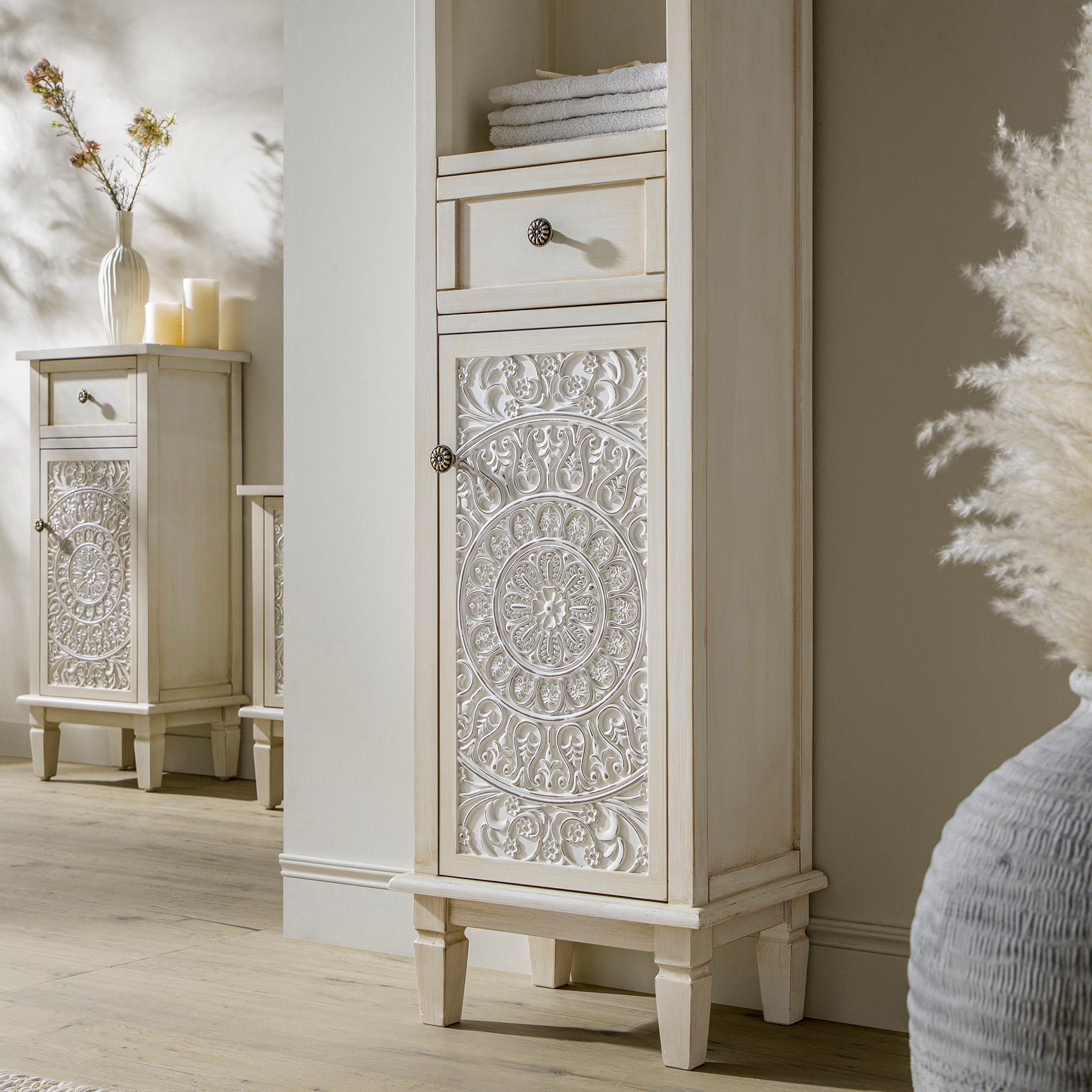 Chantilly Whitewashed Carved Bathroom Tallboy Cabinet