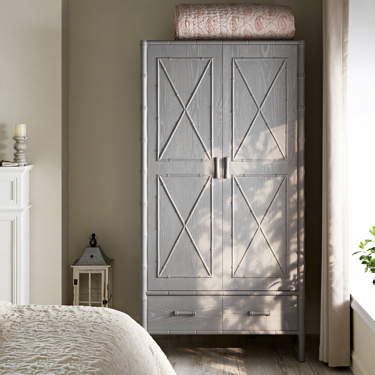 Elstowe Faux Bamboo Double Wardrobe, Warm Grey