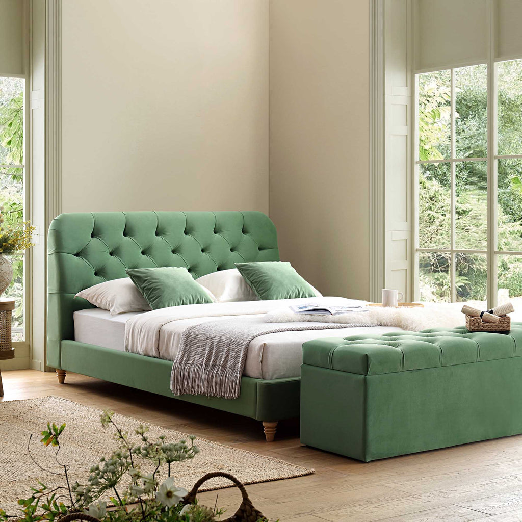 Leamington Deep-Buttoned Upholstered Bed, Meadow Green Velvet