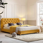 Leamington Deep-Buttoned Upholstered Bed, Turmeric Yellow Velvet
