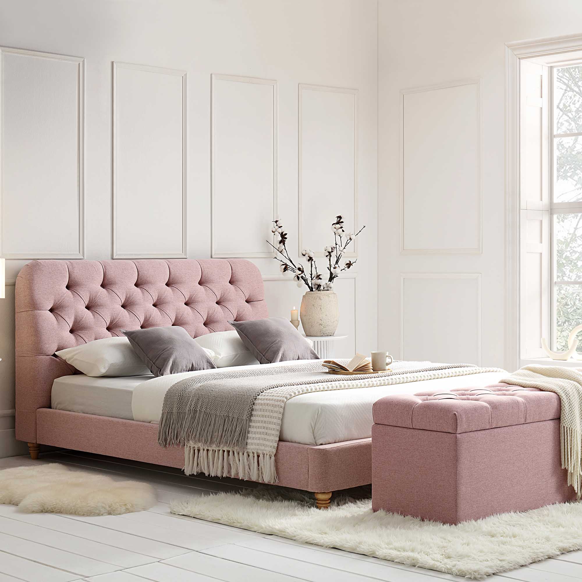 Leamington Deep-Buttoned Upholstered Bed, Rosewater Pink Fabric