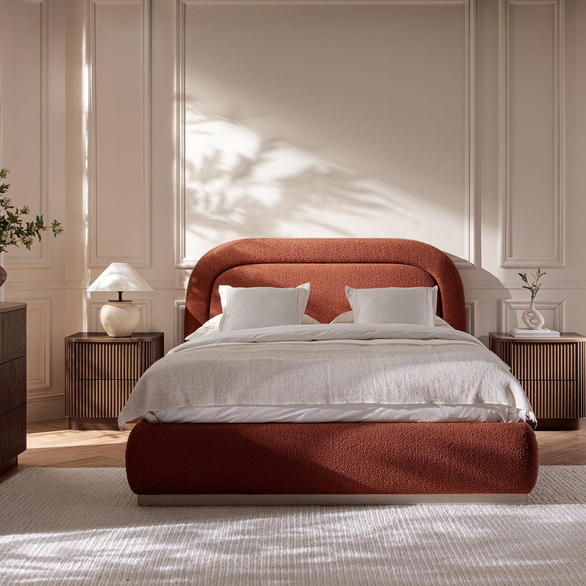 Luella Upholstered Wooden Plinth Base Storage Bed, Rust Boucle