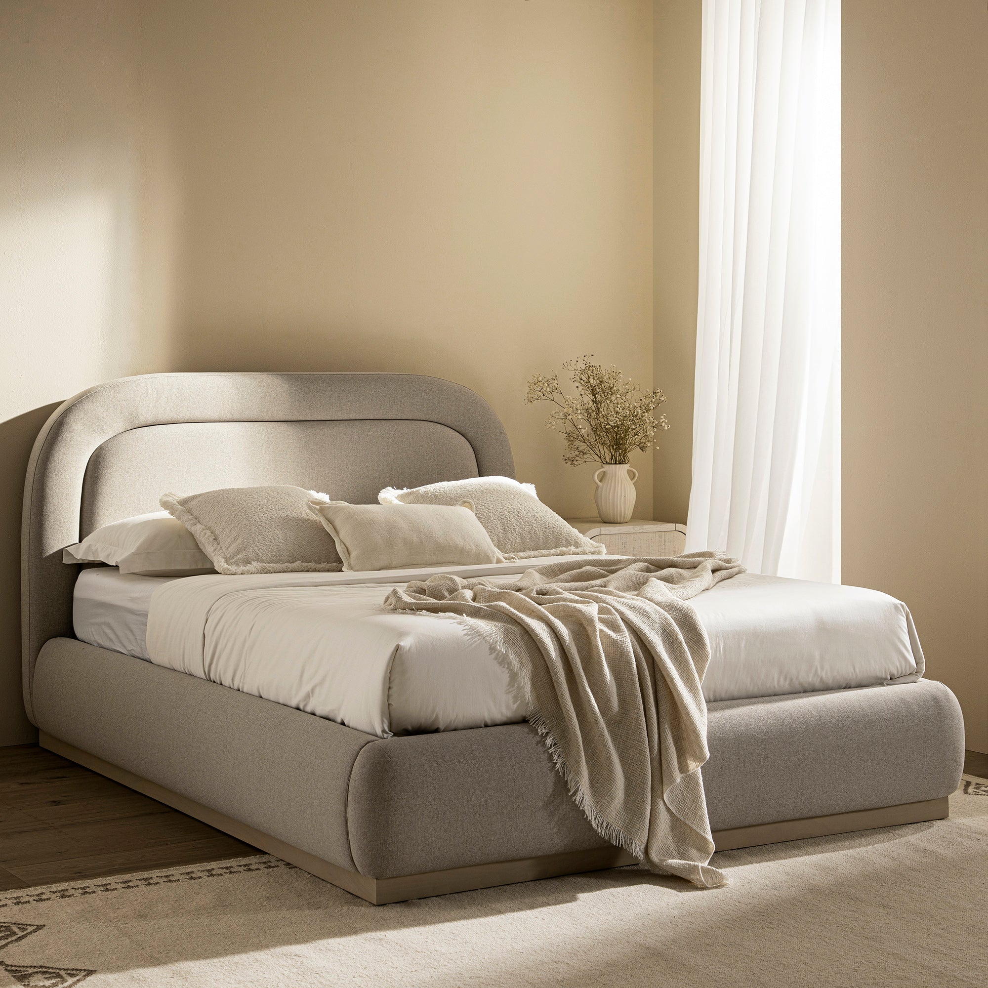 Luella Upholstered Wooden Plinth Base Storage Bed, Sand Fabric