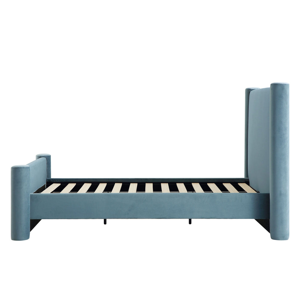 Galerie Misty Blue Velvet Pillar Upholstered Bed