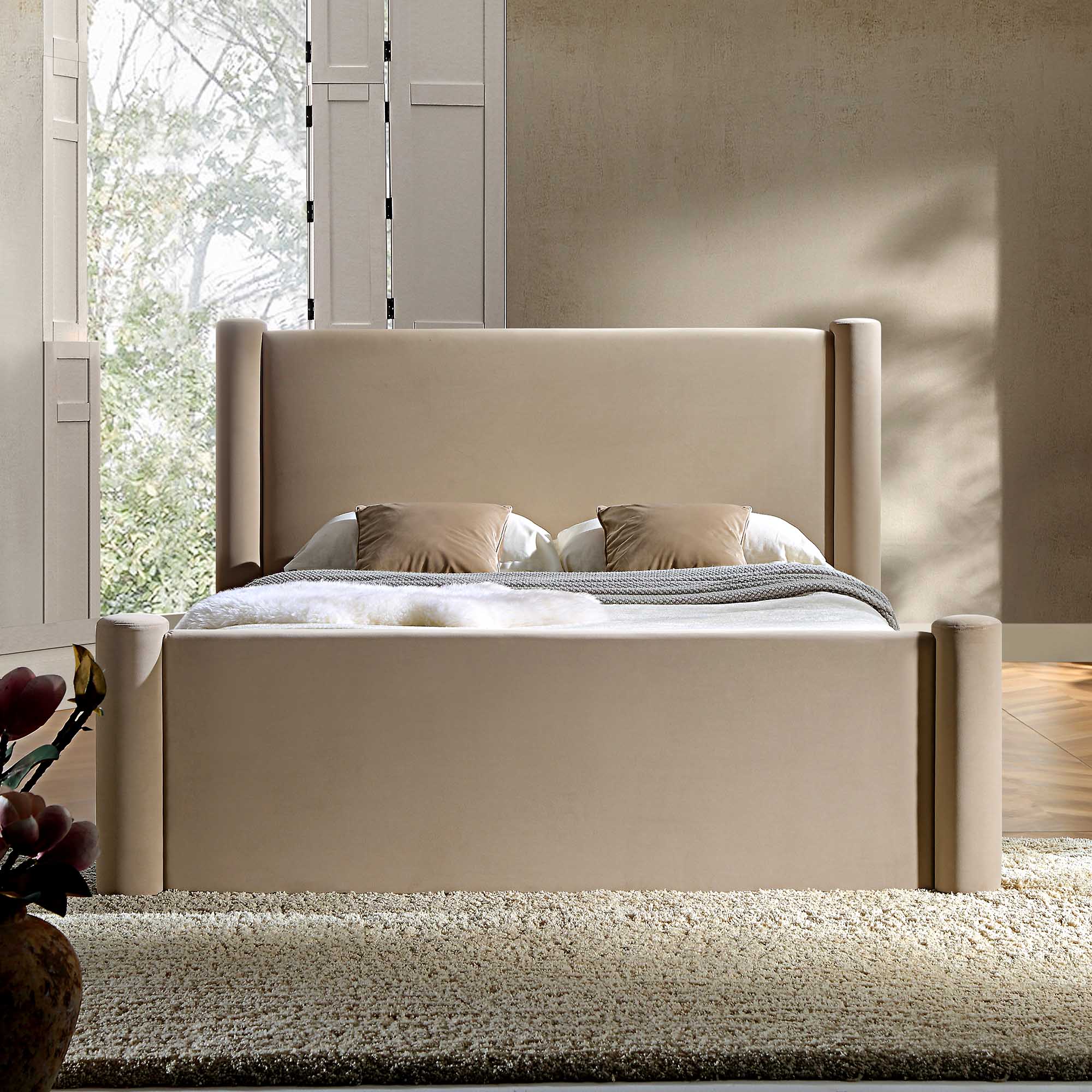 Galerie Taupe Velvet Pillar Upholstered Bed