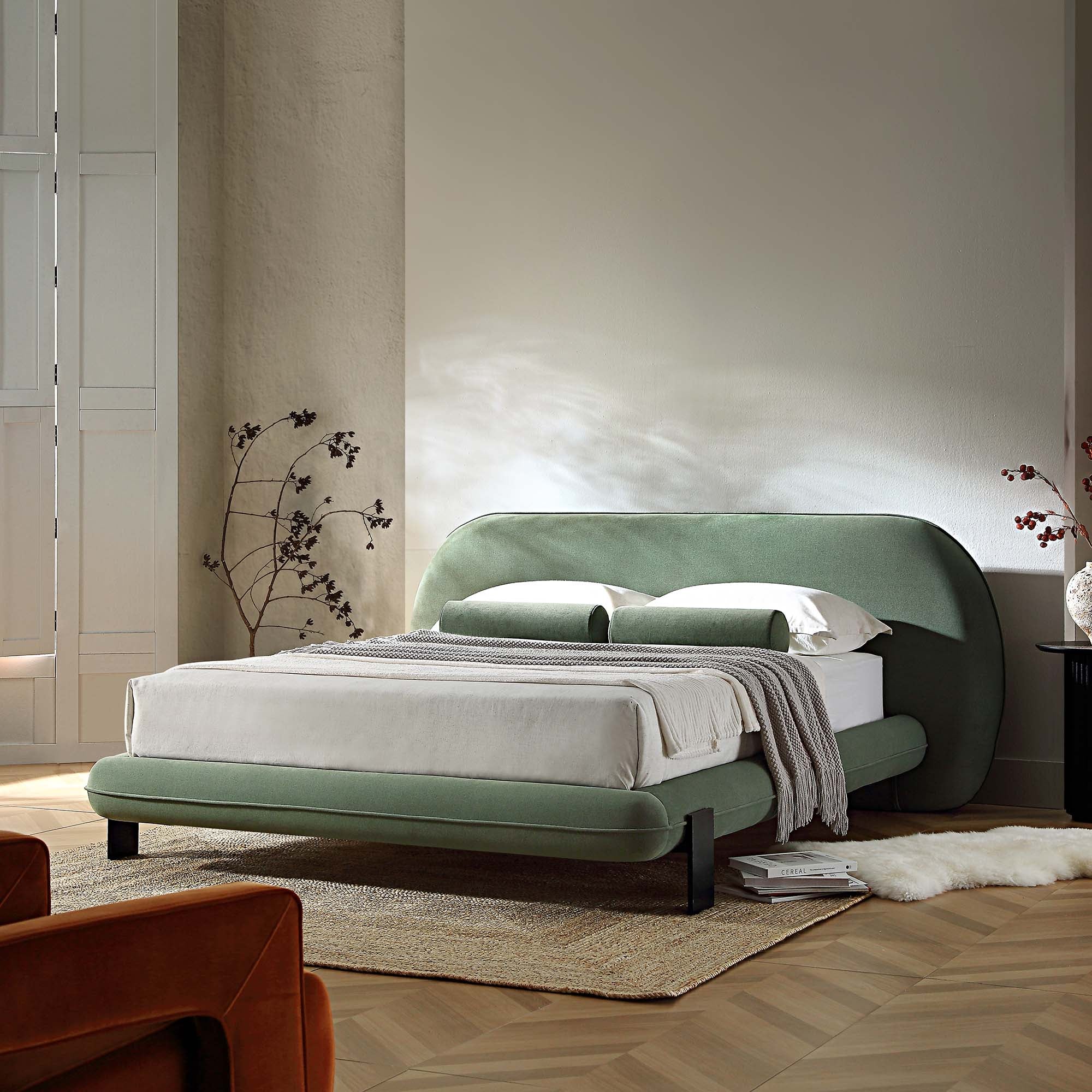 Elystan Oval Headboard Upholstered Bed, Olive Green Fabric