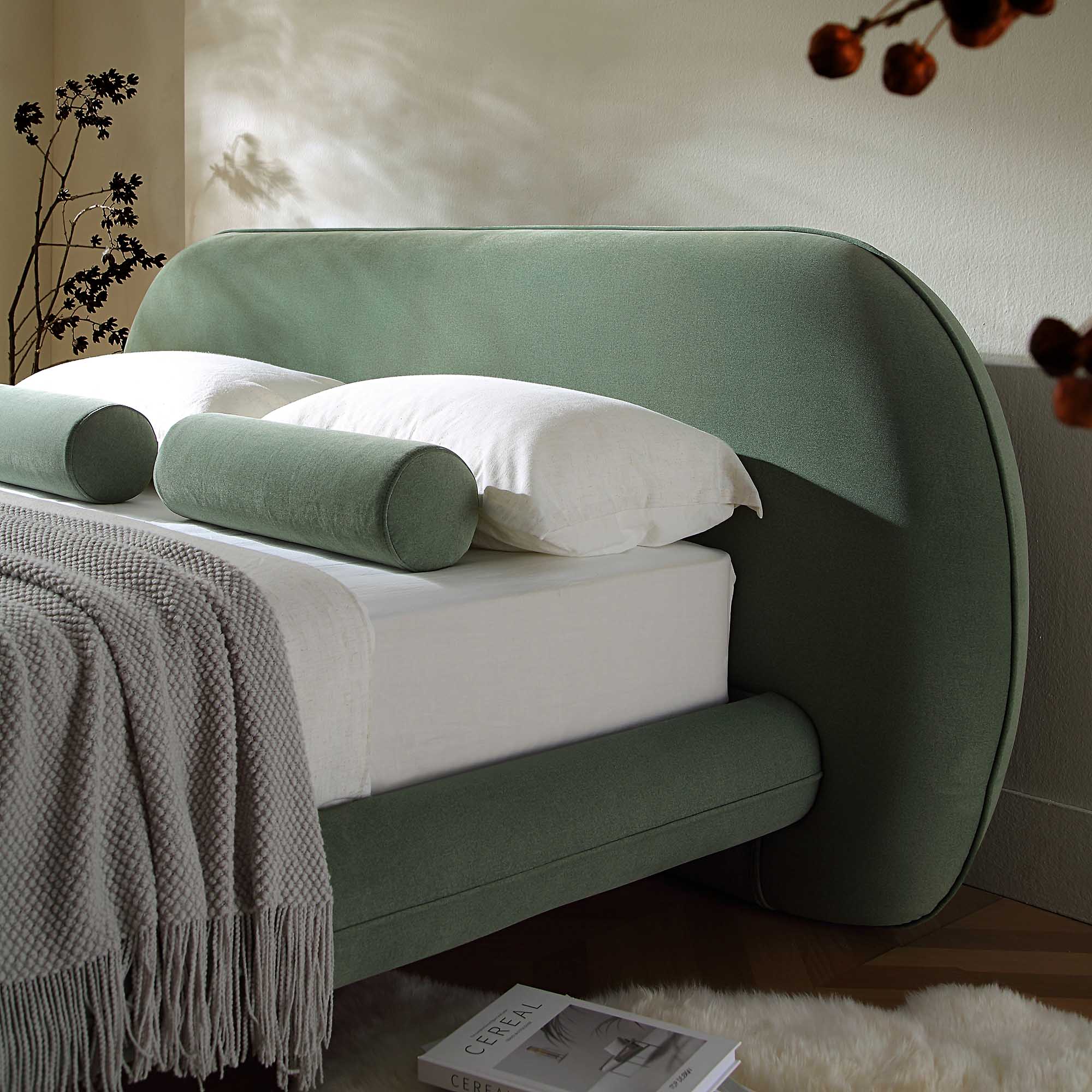 Elystan Oval Headboard Upholstered Bed, Olive Green Fabric